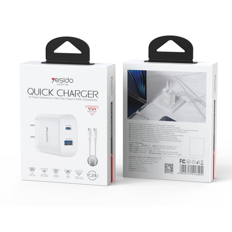 Yesido PD45W USB and Type-C Dual Interface Fast Charger Set, Plug:US Plug - White