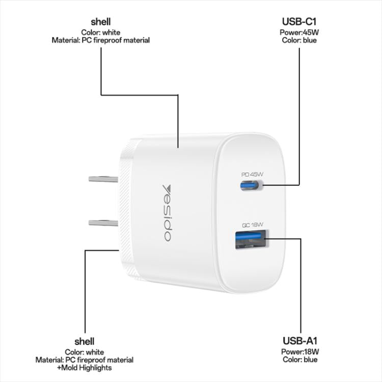 Yesido PD45W USB and Type-C Dual Interface Fast Charger Set, Plug:US Plug - White