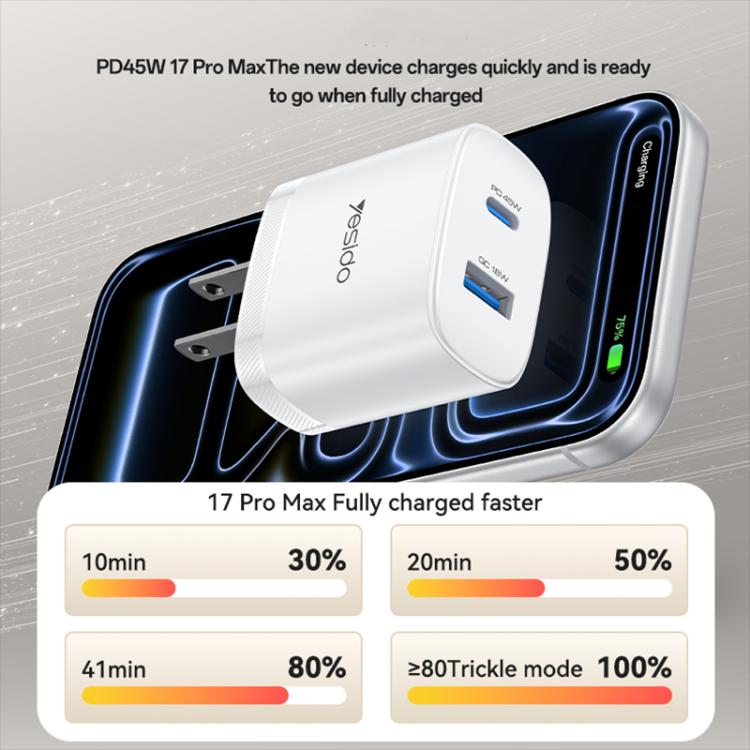 Yesido PD45W USB and Type-C Dual Interface Fast Charger Set, Plug:US Plug - White