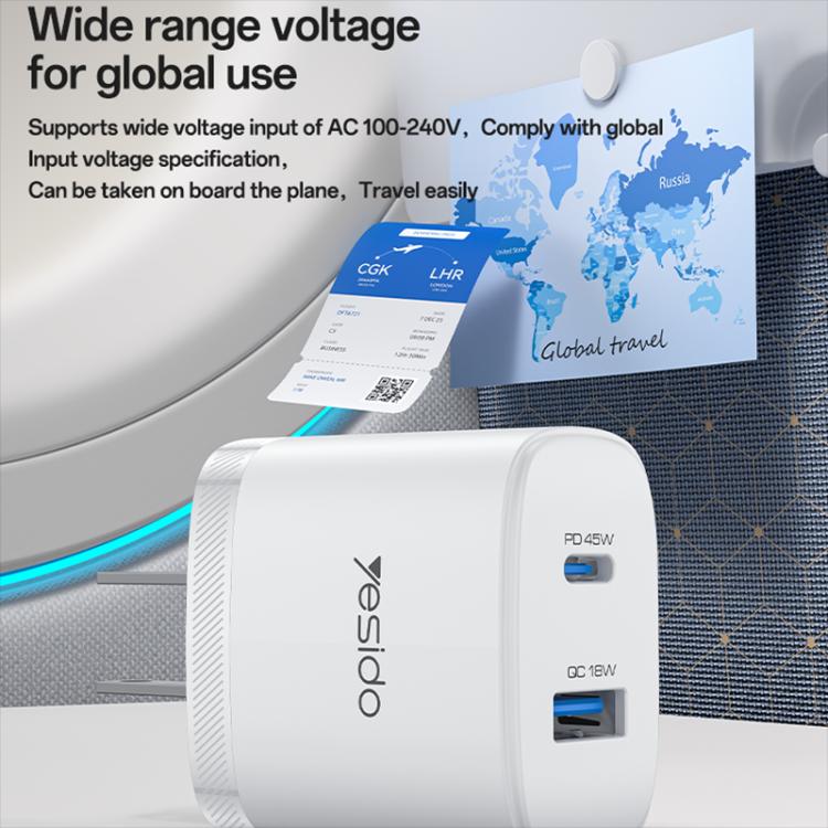 Yesido PD45W USB and Type-C Dual Interface Fast Charger Set, Plug:US Plug - White