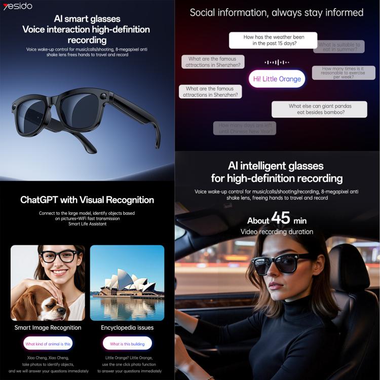 Yesido IO42  IP67 Waterproof Smart AI Glasses with HD Camera, Multi Language Support, Dual Mic Noise Cancellation, Ergonomic - Black