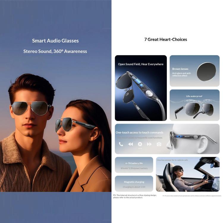 Yesido IO44 Smart Audio Glasses, Bluetooth-Compatible 5.4 Open-Ear Headphones / Polarized Sunglasses with Microphone for Travel / Business - Black