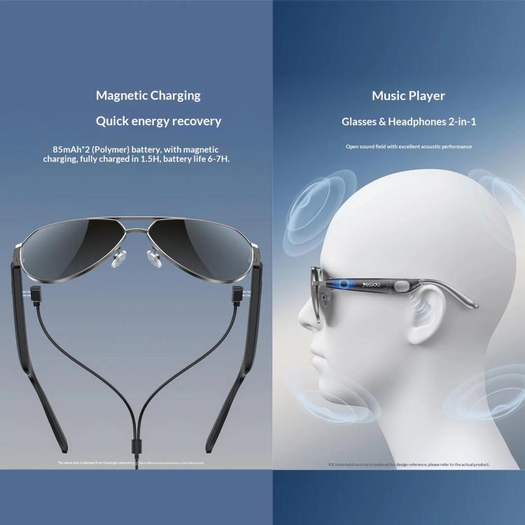 Yesido IO44 Smart Audio Glasses, Bluetooth-Compatible 5.4 Open-Ear Headphones / Polarized Sunglasses with Microphone for Travel / Business - Black