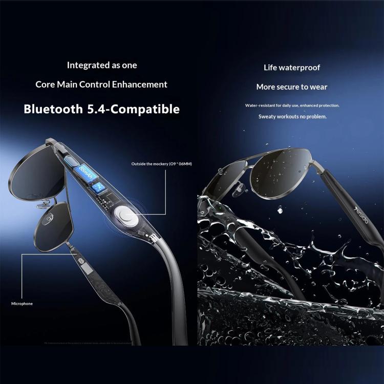 Yesido IO44 Smart Audio Glasses, Bluetooth-Compatible 5.4 Open-Ear Headphones / Polarized Sunglasses with Microphone for Travel / Business - Black