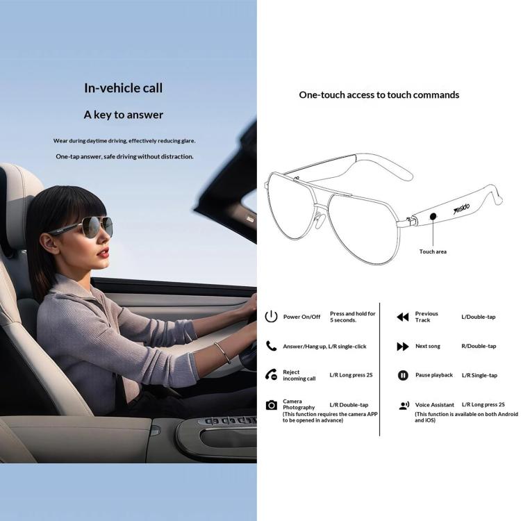 Yesido IO44 Smart Audio Glasses, Bluetooth-Compatible 5.4 Open-Ear Headphones / Polarized Sunglasses with Microphone for Travel / Business - Black