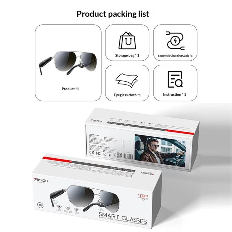Yesido IO44 Smart Audio Glasses, Bluetooth-Compatible 5.4 Open-Ear Headphones / Polarized Sunglasses with Microphone for Travel / Business - Black