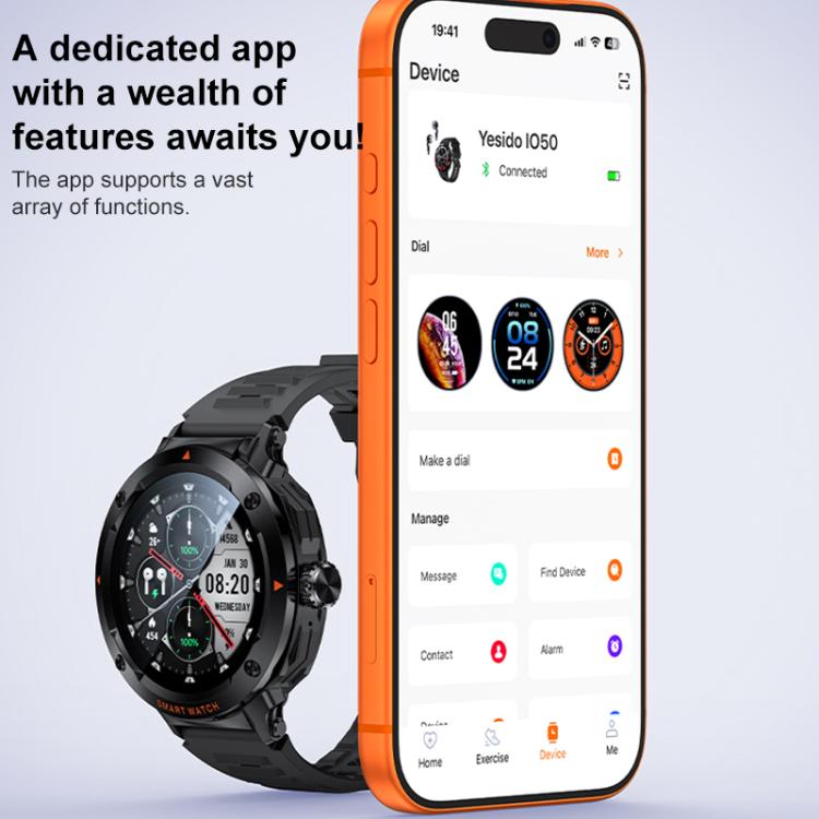 Yesido IO50 Smart Watch with TWS Earbuds, 2-in-1 Bluetooth-Compatible Smartwatch with Charging Box, 1.46 inch HD Display, NFC - Black