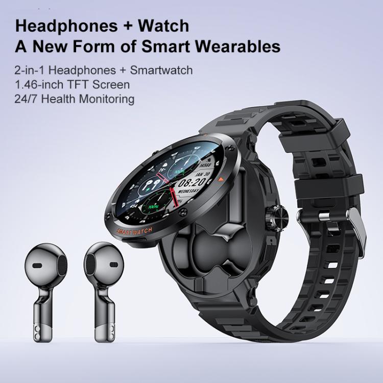 Yesido IO50 Smart Watch with TWS Earbuds, 2-in-1 Bluetooth-Compatible Smartwatch with Charging Box, 1.46 inch HD Display, NFC - Black