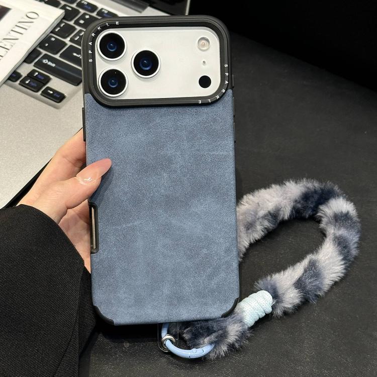 For iPhone 17 Pro Max Faux Suede Fabric TPU Phone Case with Screen-printed Rabbit Plush Rope