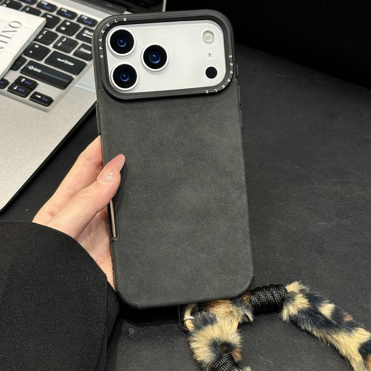 For iPhone 17 Pro Max Faux Suede Fabric TPU Phone Case with Screen-printed Rabbit Plush Rope
