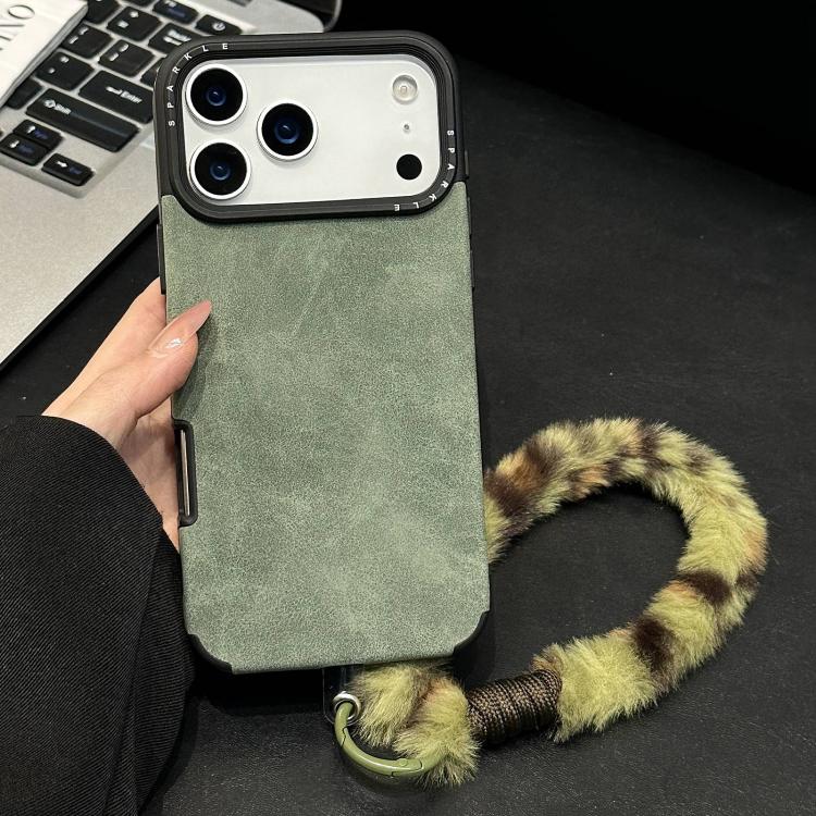 For iPhone 17 Pro Max Faux Suede Fabric TPU Phone Case with Screen-printed Rabbit Plush Rope