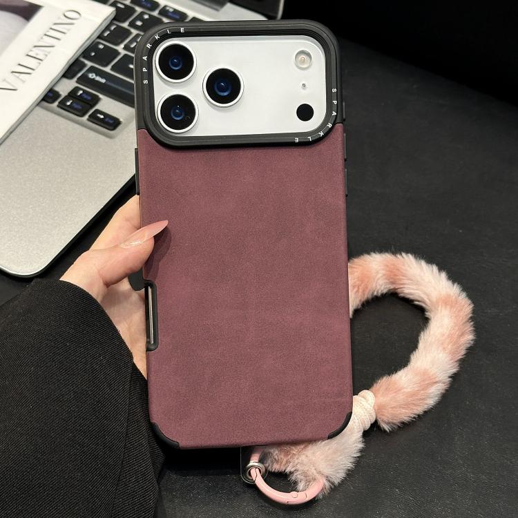 For iPhone 17 Pro Faux Suede Fabric TPU Phone Case with Screen-printed Rabbit Plush Rope