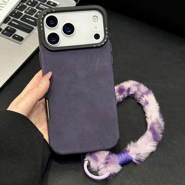For iPhone 17 Pro Faux Suede Fabric TPU Phone Case with Screen-printed Rabbit Plush Rope