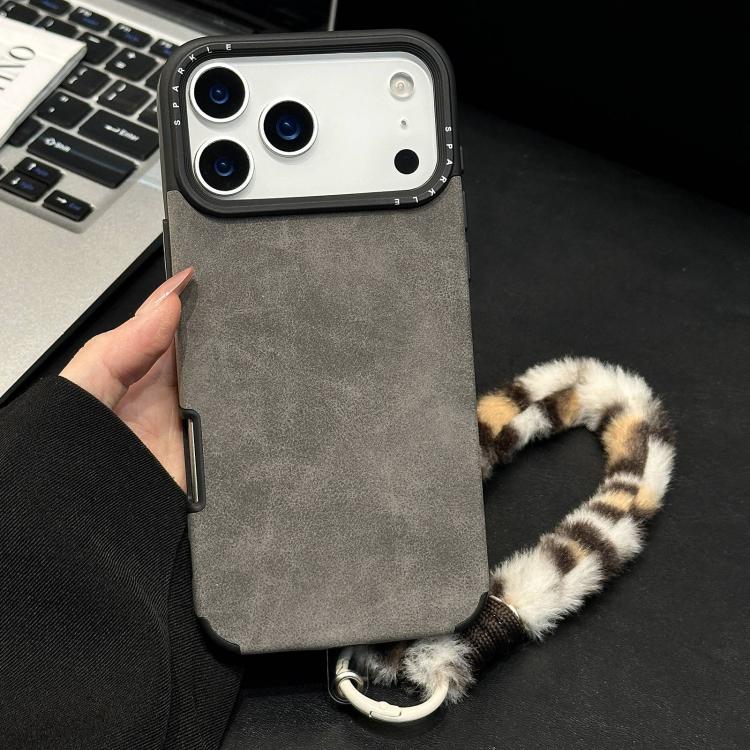 For iPhone 17 Pro Faux Suede Fabric TPU Phone Case with Screen-printed Rabbit Plush Rope