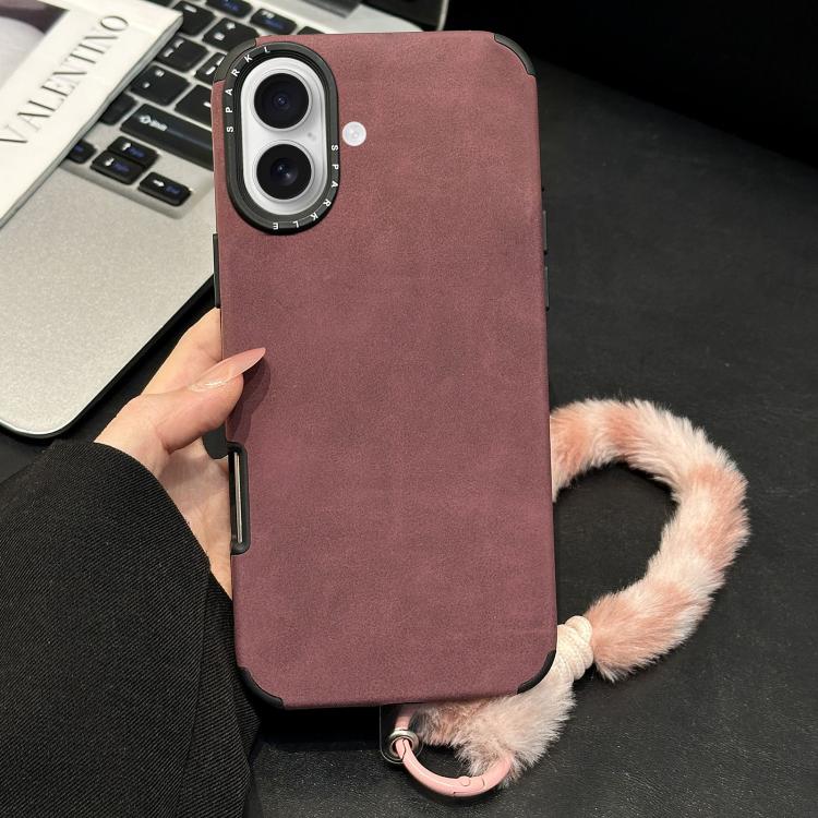 For iPhone 17 Faux Suede Fabric TPU Phone Case with Screen-printed Rabbit Plush Rope