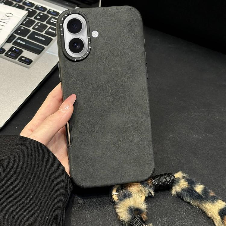 For iPhone 17 Faux Suede Fabric TPU Phone Case with Screen-printed Rabbit Plush Rope