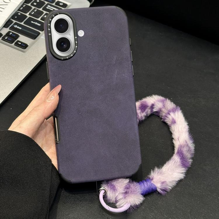 For iPhone 17 Faux Suede Fabric TPU Phone Case with Screen-printed Rabbit Plush Rope