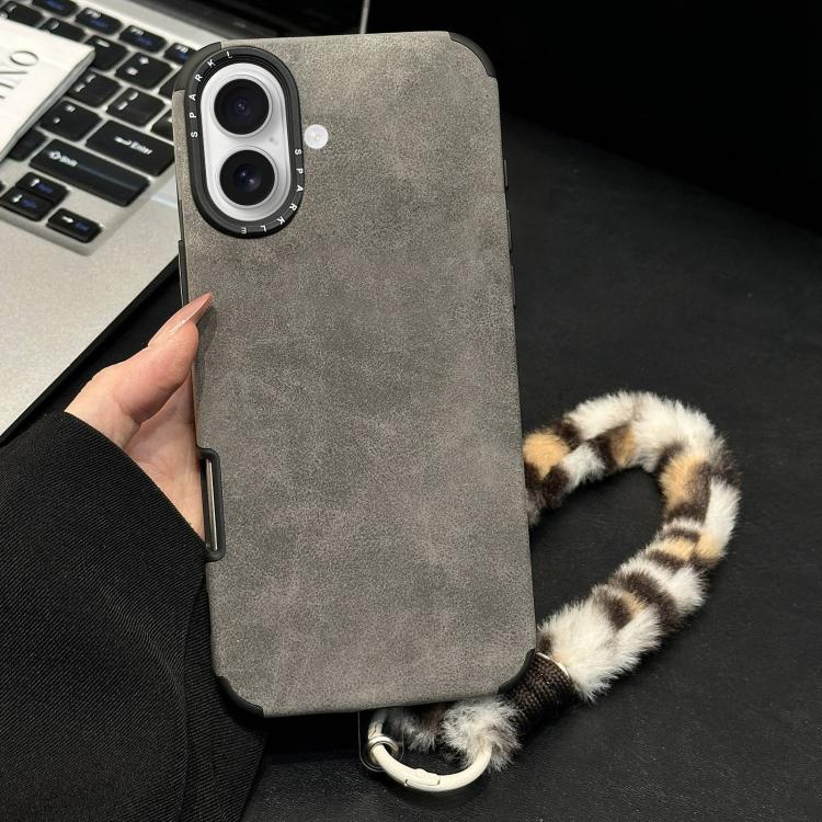 For iPhone 17 Faux Suede Fabric TPU Phone Case with Screen-printed Rabbit Plush Rope