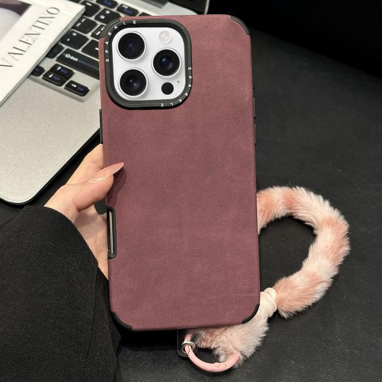 For iPhone 16 Pro Max Faux Suede Fabric TPU Phone Case with Screen-printed Rabbit Plush Rope