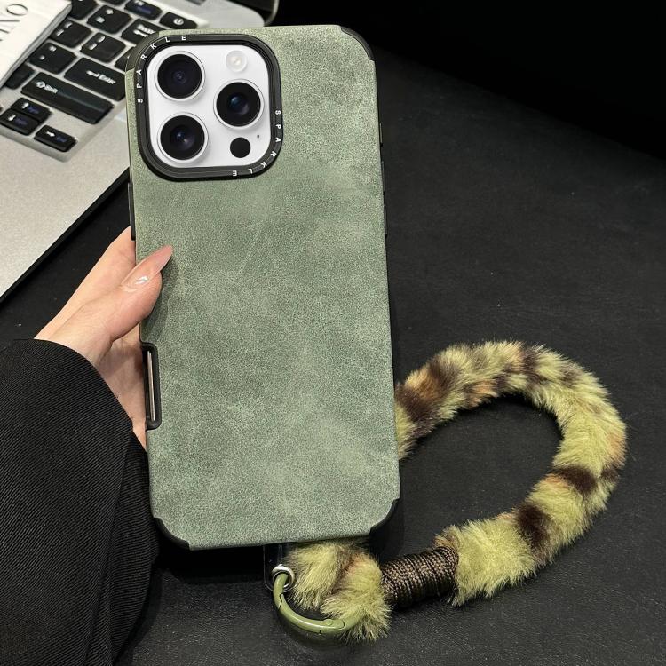 For iPhone 16 Pro Max Faux Suede Fabric TPU Phone Case with Screen-printed Rabbit Plush Rope