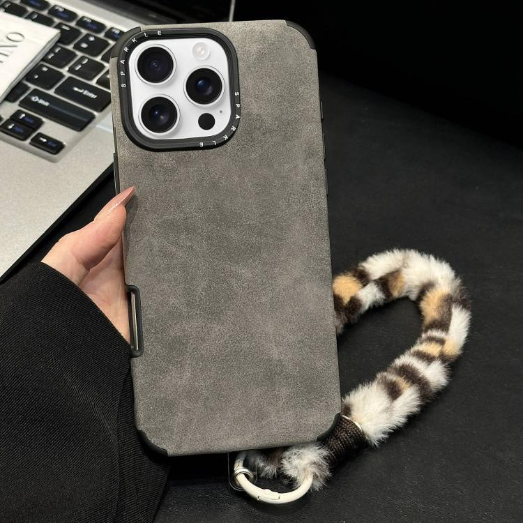 For iPhone 16 Pro Faux Suede Fabric TPU Phone Case with Screen-printed Rabbit Plush Rope