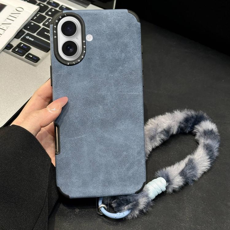 For iPhone 16 Faux Suede Fabric TPU Phone Case with Screen-printed Rabbit Plush Rope