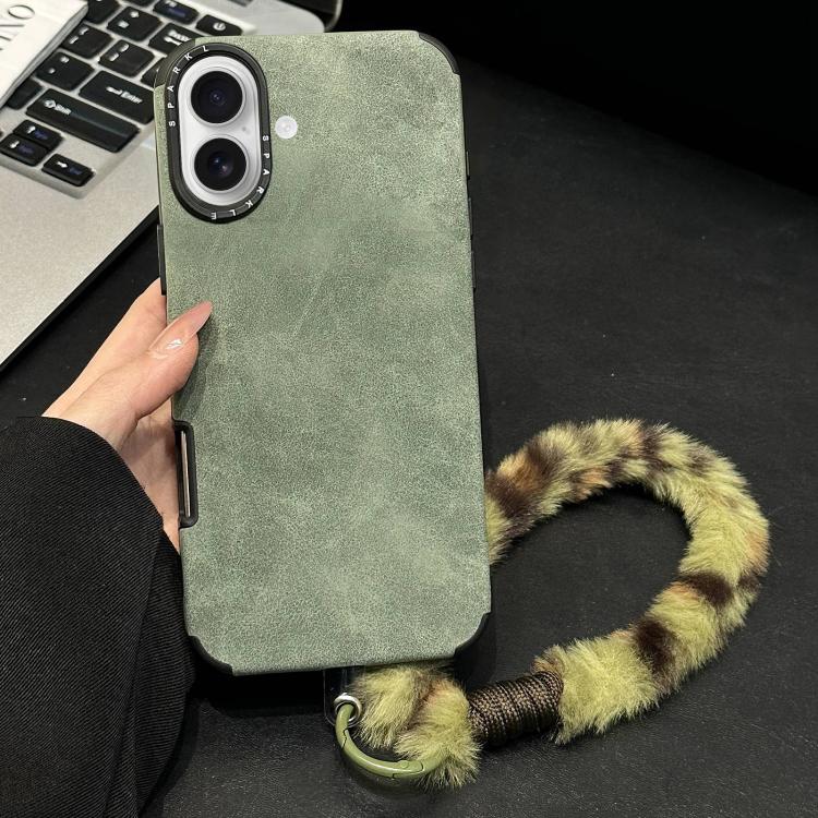 For iPhone 16 Faux Suede Fabric TPU Phone Case with Screen-printed Rabbit Plush Rope
