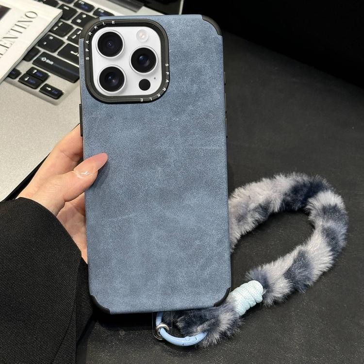 For iPhone 15 Pro Max Faux Suede Fabric TPU Phone Case with Screen-printed Rabbit Plush Rope