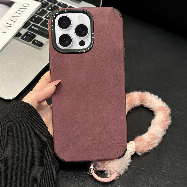 For iPhone 15 Pro Max Faux Suede Fabric TPU Phone Case with Screen-printed Rabbit Plush Rope
