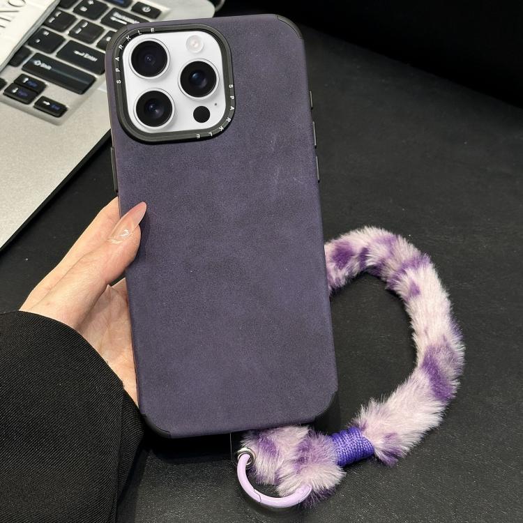 For iPhone 15 Pro Max Faux Suede Fabric TPU Phone Case with Screen-printed Rabbit Plush Rope