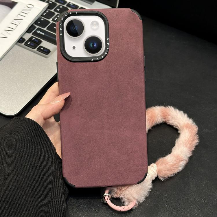 For iPhone 15 Plus / 14 Plus Faux Suede Fabric TPU Phone Case with Screen-printed Rabbit Plush Rope