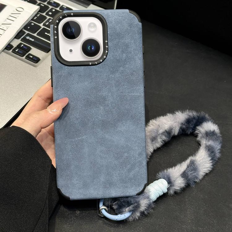 For iPhone 14 Faux Suede Fabric TPU Phone Case with Screen-printed Rabbit Plush Rope
