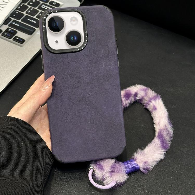 For iPhone 14 Faux Suede Fabric TPU Phone Case with Screen-printed Rabbit Plush Rope