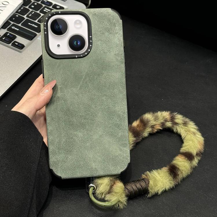 For iPhone 14 Faux Suede Fabric TPU Phone Case with Screen-printed Rabbit Plush Rope