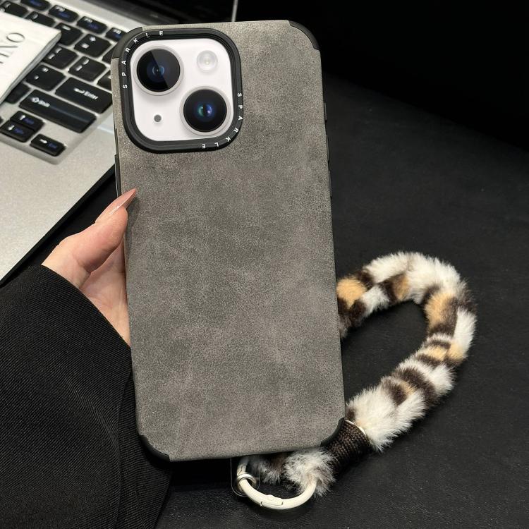 For iPhone 14 Faux Suede Fabric TPU Phone Case with Screen-printed Rabbit Plush Rope