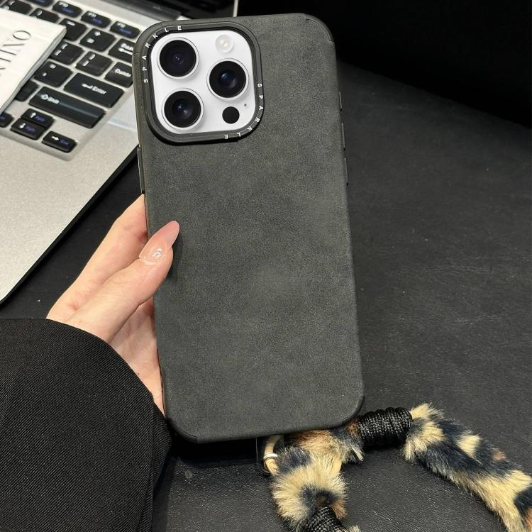 For iPhone 14 Pro Faux Suede Fabric TPU Phone Case with Screen-printed Rabbit Plush Rope