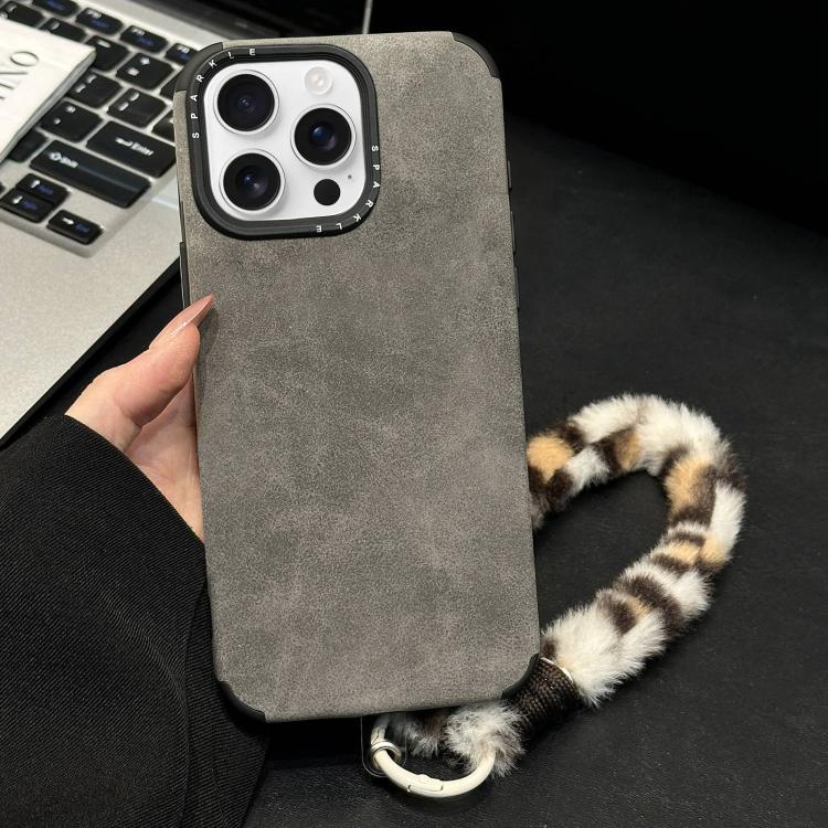 For iPhone 14 Pro Faux Suede Fabric TPU Phone Case with Screen-printed Rabbit Plush Rope