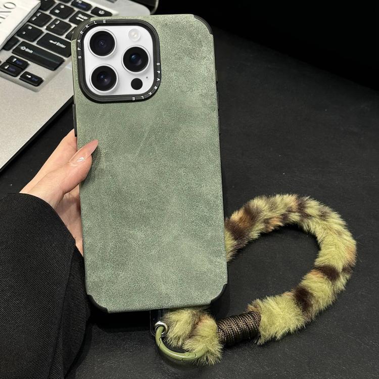 For iPhone 14 Pro Max Faux Suede Fabric TPU Phone Case with Screen-printed Rabbit Plush Rope