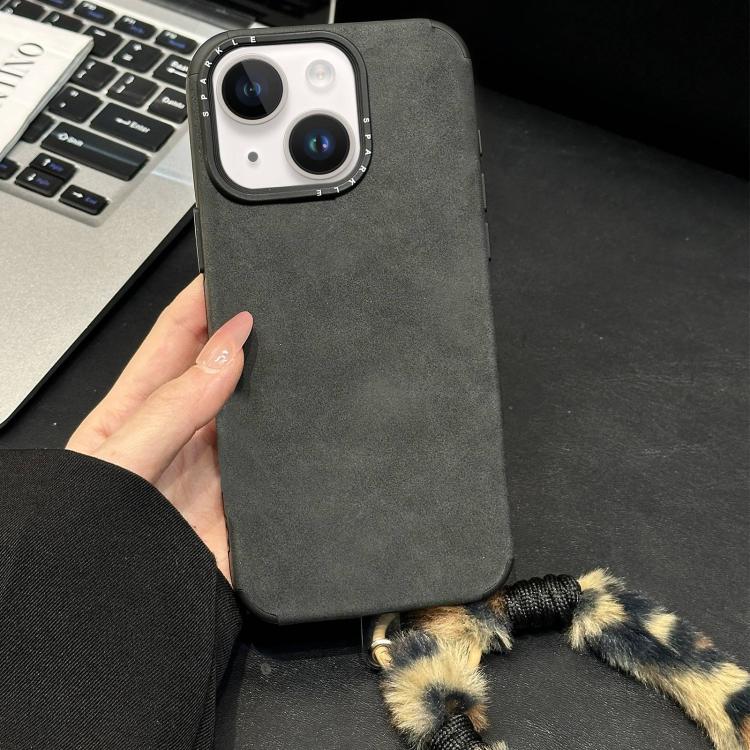For iPhone 13 Faux Suede Fabric TPU Phone Case with Screen-printed Rabbit Plush Rope
