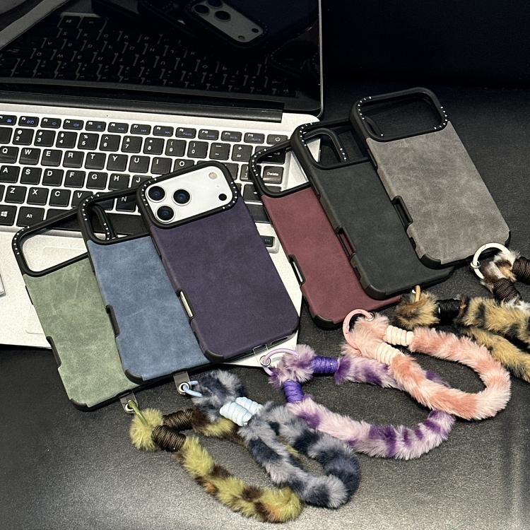 For iPhone 17 Pro Max Faux Suede Fabric TPU Phone Case with Screen-printed Rabbit Plush Rope