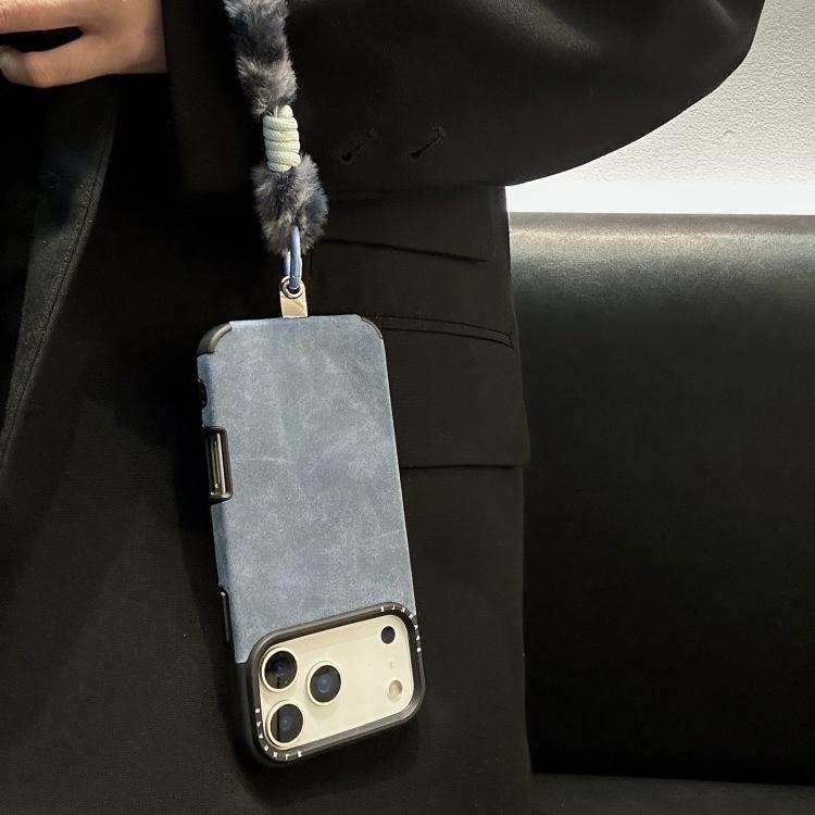 For iPhone 15 Pro Faux Suede Fabric TPU Phone Case with Screen-printed Rabbit Plush Rope