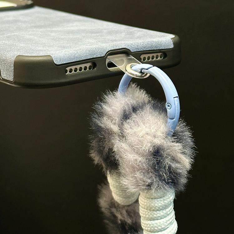 For iPhone 17 Pro Max Faux Suede Fabric TPU Phone Case with Screen-printed Rabbit Plush Rope