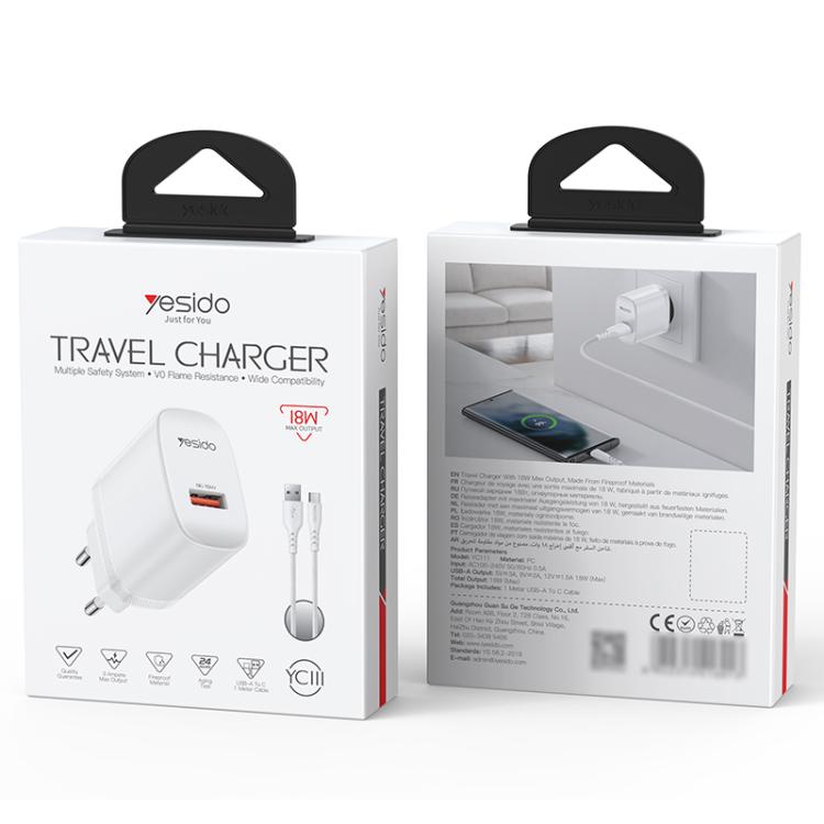Yesido 18W USB Single Interface Charger Set, Plug:EU Plug - White