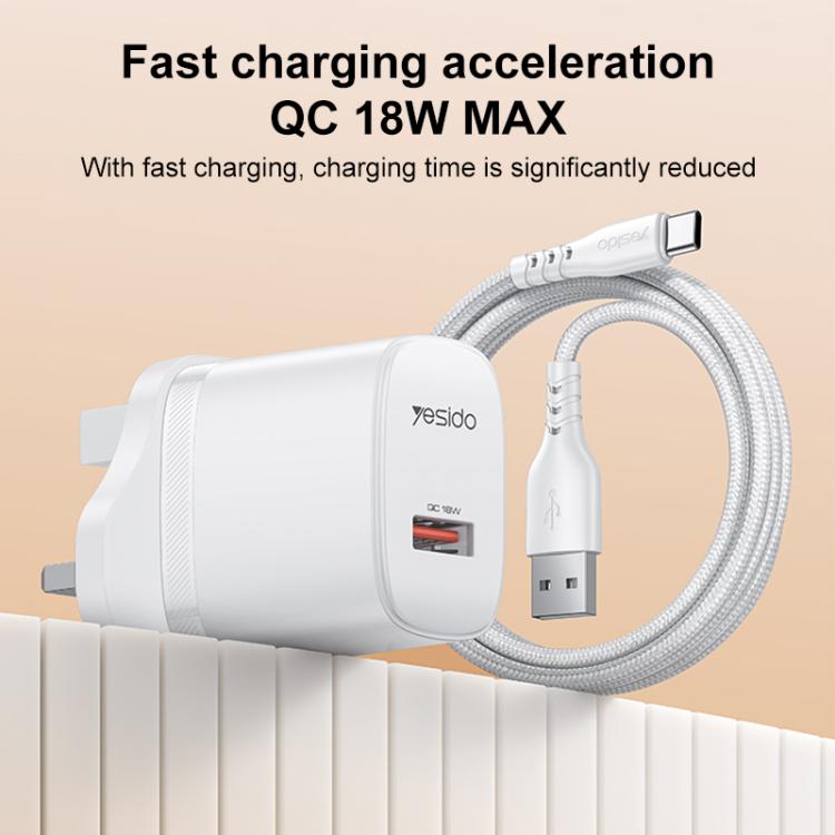 Yesido 18W USB Single Interface Charger Set with USB to Type-C Cable, Plug:UK Plug - White