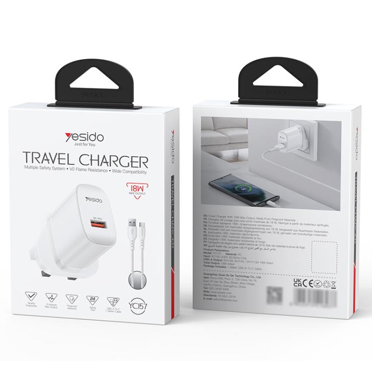 Yesido 18W USB Single Interface Charger Set with USB to Type-C Cable, Plug:UK Plug - White