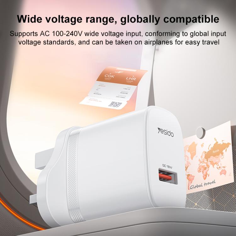Yesido 18W USB Single Interface Charger Set with USB to Type-C Cable, Plug:UK Plug - White