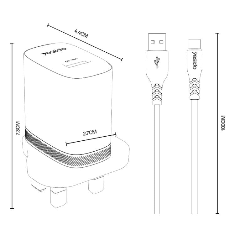 Yesido 18W USB Single Interface Charger Set with USB to Type-C Cable, Plug:UK Plug - White