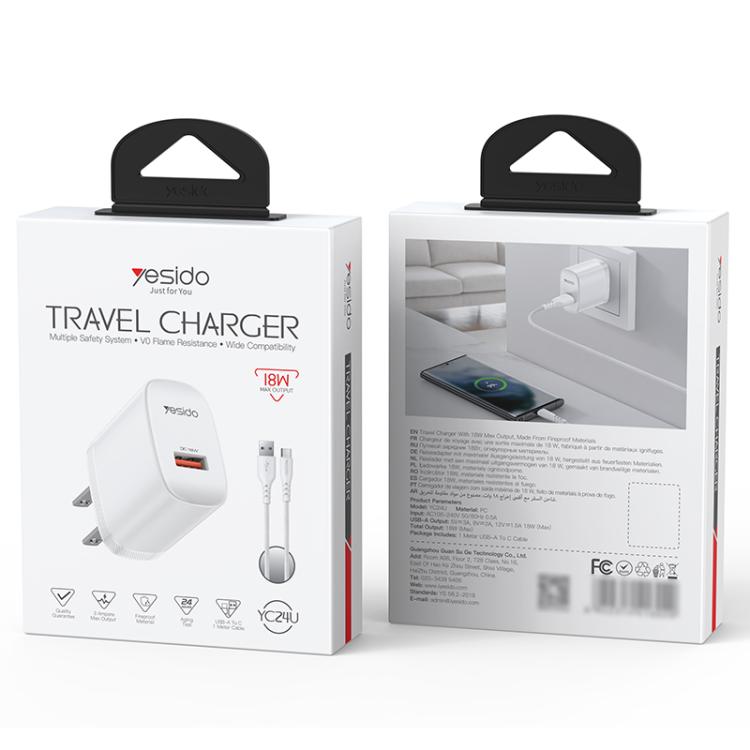 Yesido 18W USB Single Interface Charger Set, Plug:US Plug - White