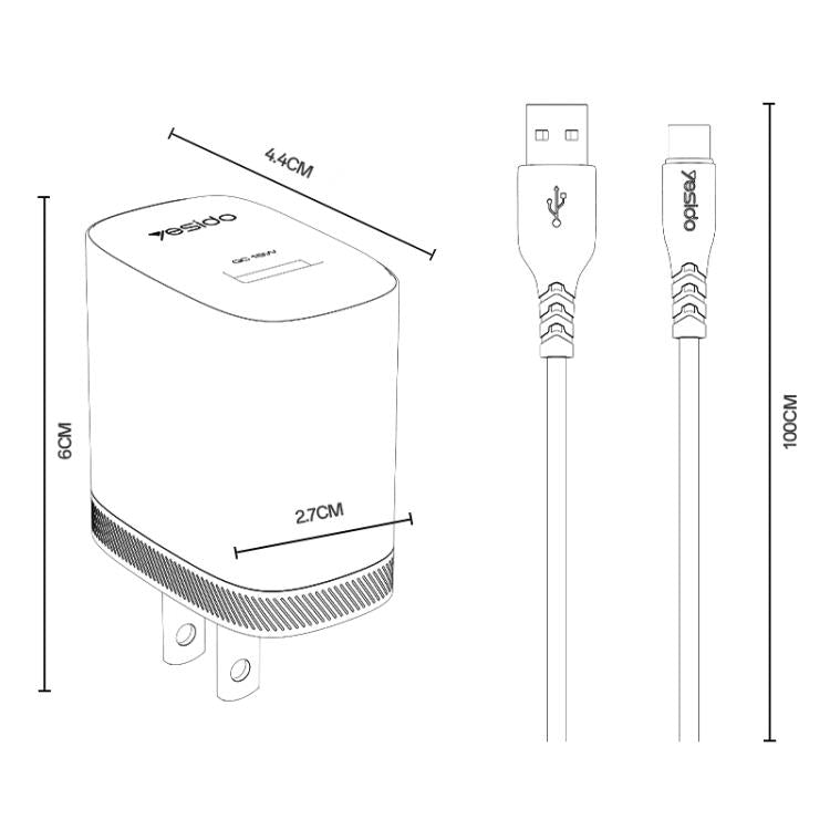 Yesido 18W USB Single Interface Charger Set, Plug:US Plug - White
