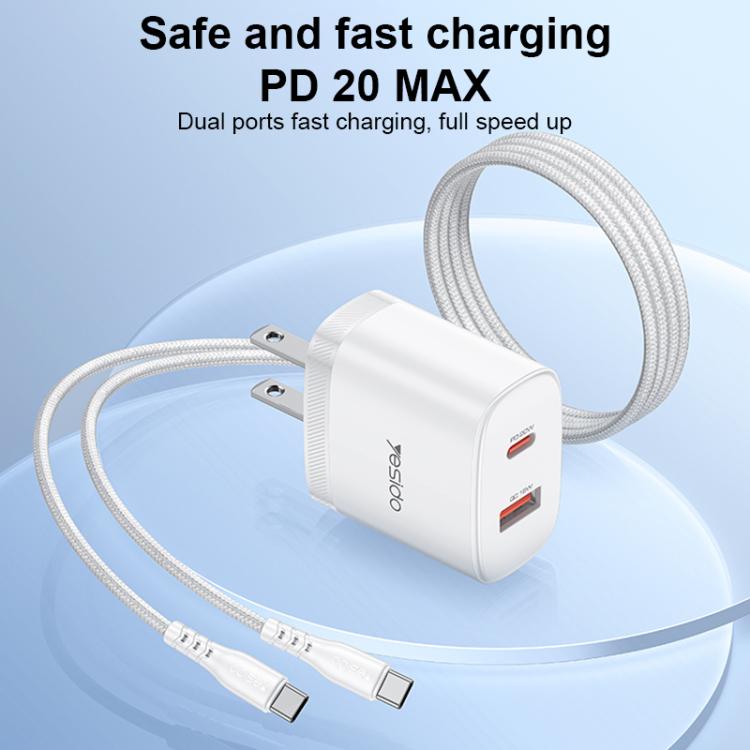 Yesido YC19U PD20W USB-C / Type-C and QC18W USB-A Dual Ports Charger Set with Type-C to Type-C Cable, US Plug - White